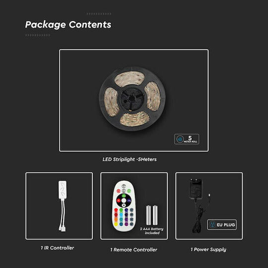 V-TAC Waterproof Smart LED Strip Wi-Fi 12V Adjustable White Light 5m Type SMD5050 with Power Supply & Remote Control