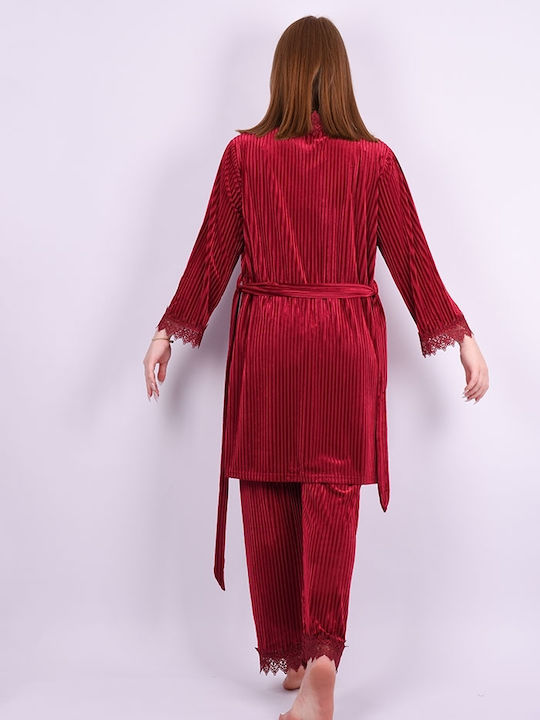 Set of women's pajamas with velvet robe Bordeaux