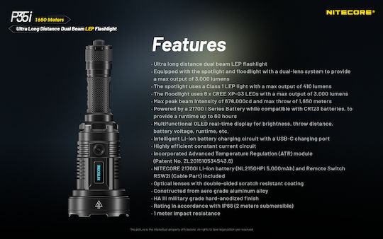 NiteCore Επαναφορτιζόμενος Φακός LED IP68 με Μέγιστη Φωτεινότητα 3000lm P35i