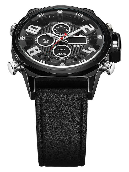 Weide Analog/Digital Herrenuhr 43mm Chronograph Batterie mit Schwarz Lederarmband