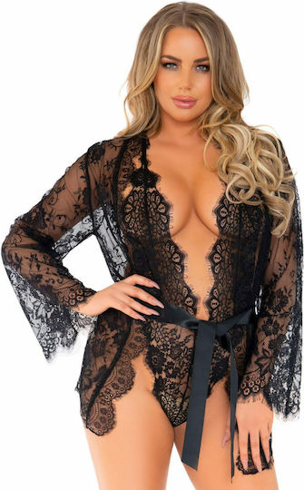 Leg Avenue Floral Lace Teddy with Robe Black
