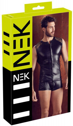 Nek Nek Wetlook Stretcy Shirt With Hidden Press Studs Black