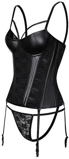 La Lolita Amsterdam Antzelina Leder-Bustier-Set mit Spitzendetails & Unterwäsche-String-Set Schwarz