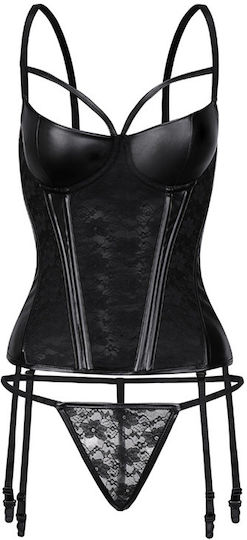 La Lolita Amsterdam Antzelina Leder-Bustier-Set mit Spitzendetails & Unterwäsche-String-Set Schwarz