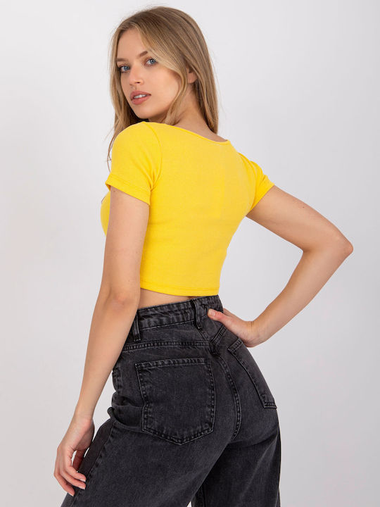 Rue Paris Damen Sommer Crop Top Baumwolle Kurzarm Gelb