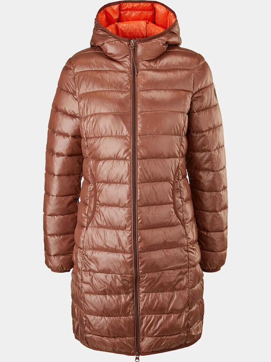 Μακρύ Γυναικείο Puffer Μπουφάν για Χειμώνα Camel