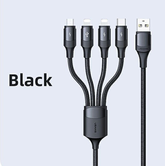 Usams Braided USB to 2xLightning / Type-C / micro USB Cable Μαύρο 1.2m (SJ516USB01)