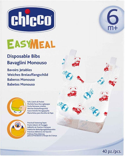 Chicco Easy Meal Lätzchen Papier Einweg mit Bügelverschluss und Schlaufe Mehrfarbig für 6 m+ 40Stück