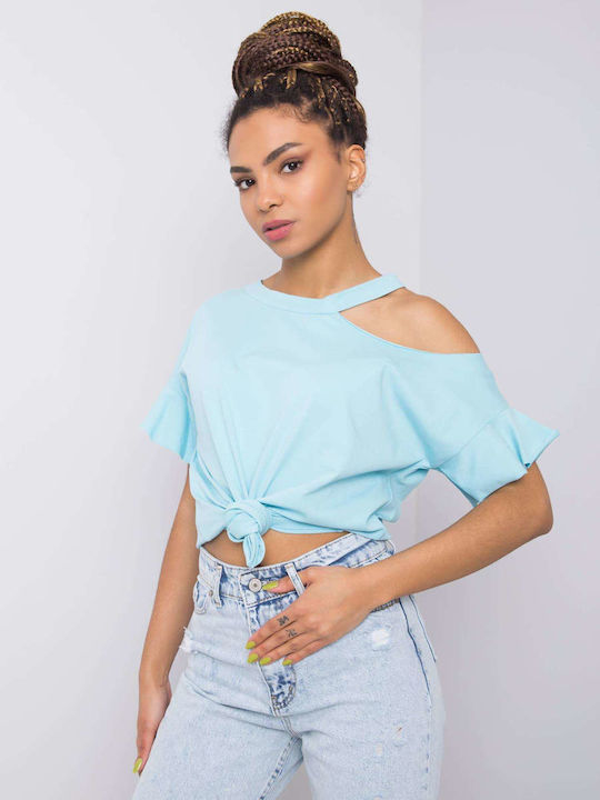 Fancy Women's Summer Blouse Cotton Short Sleeve Light Blue