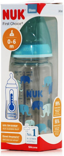 Nuk Glass Baby Bottle First Choice Plus Temperature Control Anti-colic with Silicone Teat for 0-6 Months Blue Elephants - Sky Blue 240ml