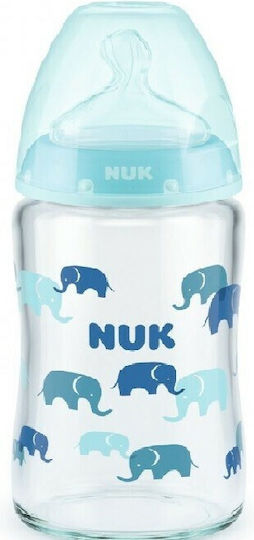 Nuk Glass Baby Bottle First Choice Plus Temperature Control Anti-Colic with Silicone Teat for 0-6 Months Blue Elephants - Sky Blue 120ml