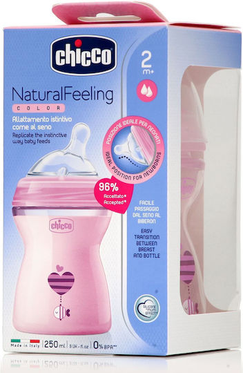 Chicco Plastic Baby Bottle Natural Feeling Anti-Colic with Silicone Nipple for 2+ months Pink Star - Pink 250ml