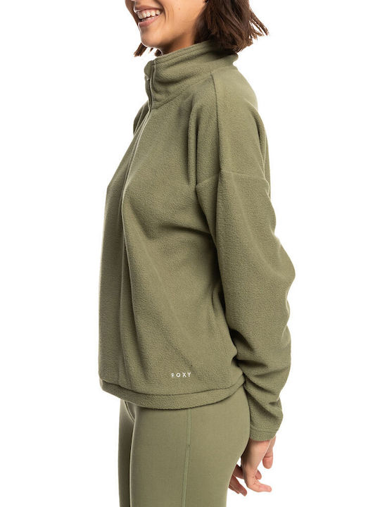 Roxy Feel It Too Winterlich Damen Vlies Bluse Langärmelig mit Reißverschluss Deep Lichen Green