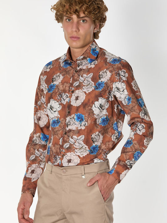 Long-sleeved Cotton Shirt Floral Brown