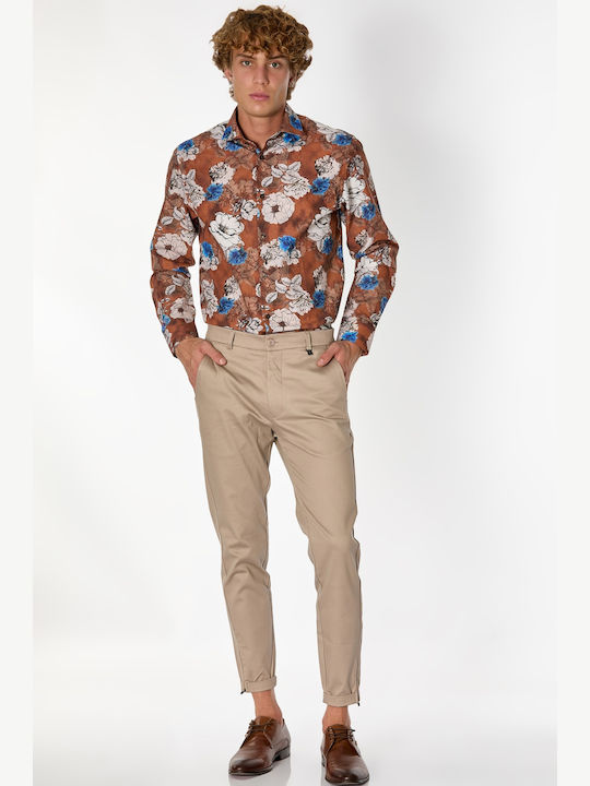 Long-sleeved Cotton Shirt Floral Brown