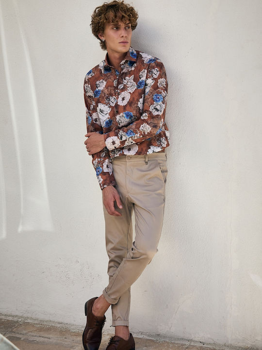 Long-sleeved Cotton Shirt Floral Brown
