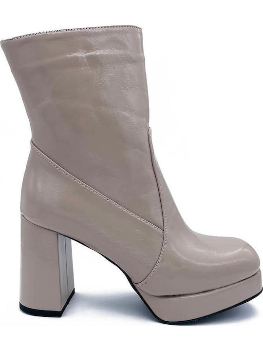Women's Ankle Boots made of Patent Leather with High Heel Beige