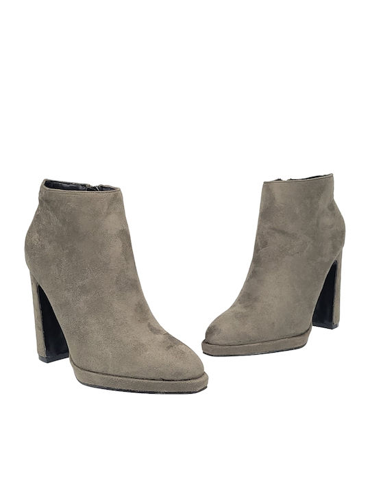 Suede Women's Ankle Boots with High Heel Khaki