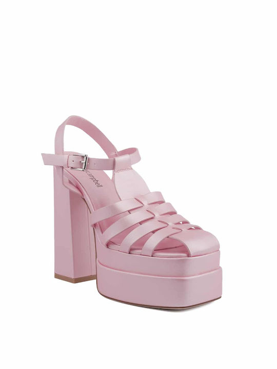 Jeffrey Campbell Leather Women's Sandals with Ankle Strap Pink with Chunky High Heel