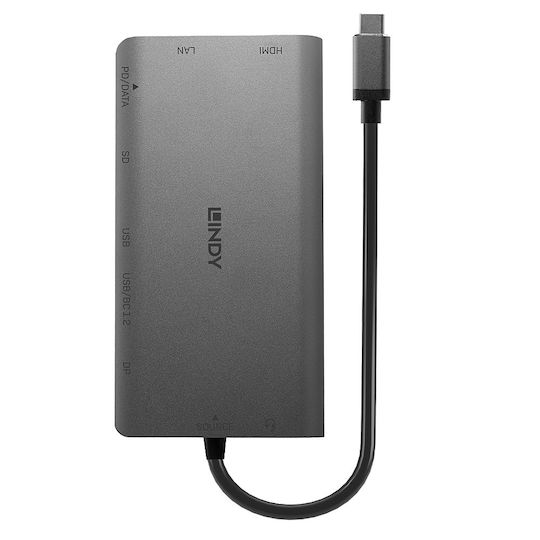 Lindy USB-C Docking Station with HDMI/DisplayPort 4K PD Ethernet and Support for 2 Monitors Gray (43323)