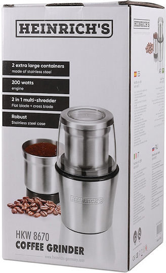 Heinrich's HKW 8670 Ηλεκτρικός Μύλος Καφέ 200W με Χωρητικότητα 70gr Ασημί