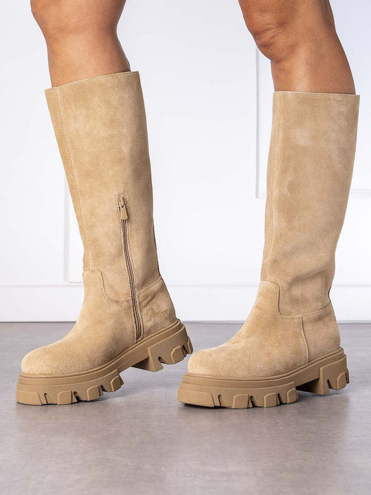Suede Women's Boots with Zipper Beige