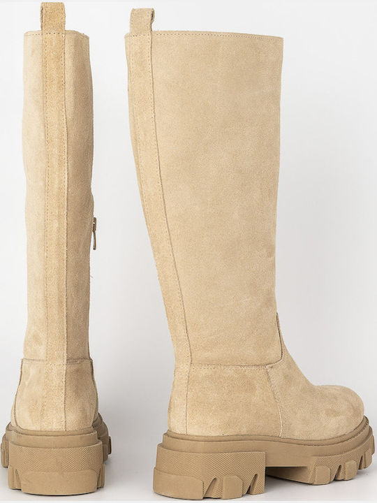 Suede Women's Boots with Zipper Beige
