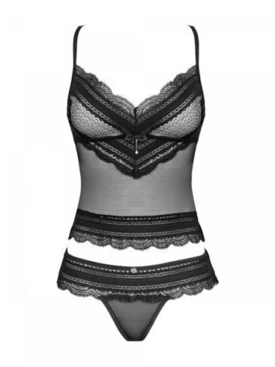 Obsessive Lace Underwear Set with String Black / Black Ivannes