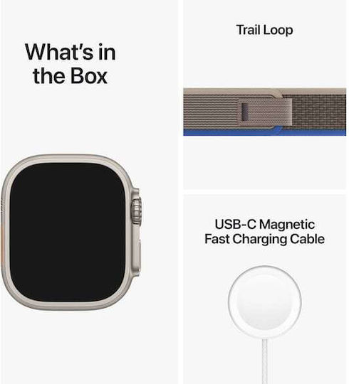 Apple Watch Ultra Titanium 49mm Αδιάβροχο με eSIM και Παλμογράφο (Blue/Gray Trail Loop S/M - S/M)