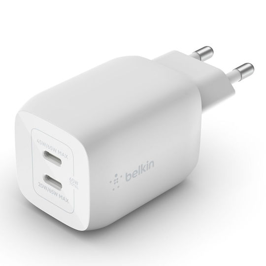 Belkin Φορτιστής Χωρίς Καλώδιο GaN με 2 Θύρες USB-C 65W Power Delivery Λευκός (Boost Charge Pro)