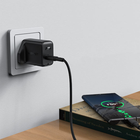 Acefast Φορτιστής Χωρίς Καλώδιο GaN με Θύρα USB-C 30W Power Delivery / Quick Charge 2.0 / Quick Charge 3.0 Μαύρος (A24 UK Plug)