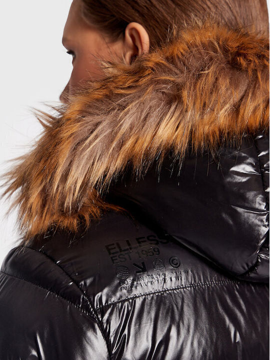 Capalo Scurtă Jachetă de femei Puffer cu glugă de blană Negru