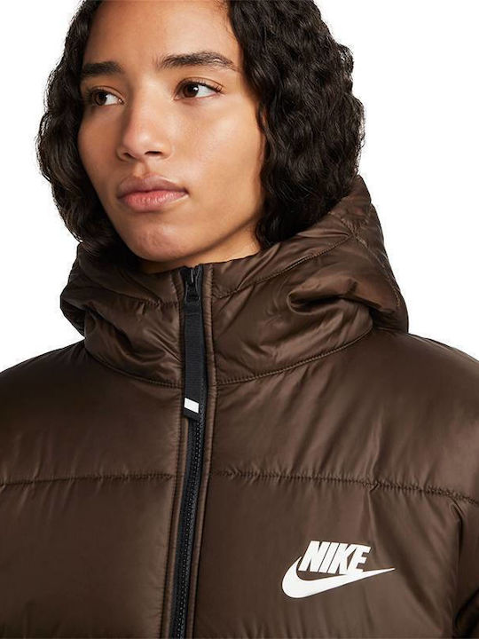 Sportswear Therma-Fit Women's Long Puffer Jacket for Winter with Hood Baroque Brown