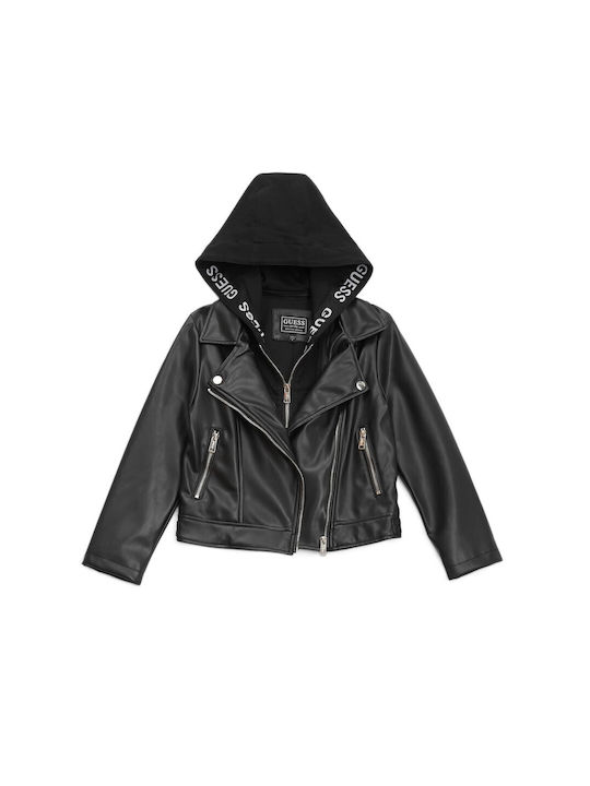 Guess Kids Leather Jacket short Hooded Black J2YL14WAEI0-JBLK