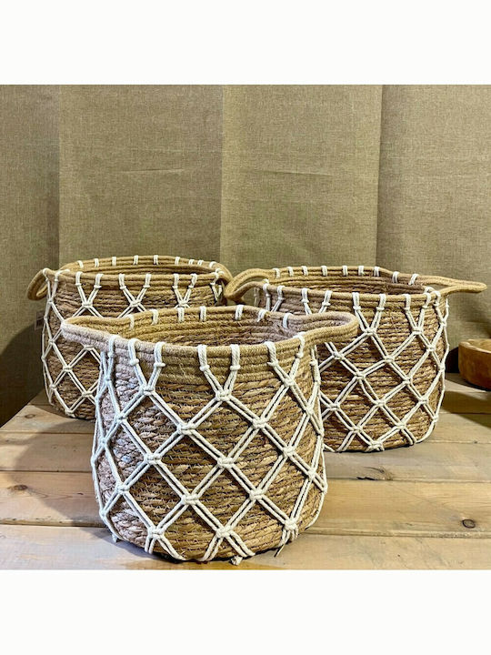 JK Home Decoration Σετ Διακοσμητικά Καλάθια Ψάθινα με Χερούλια Καφέ 3τμχ