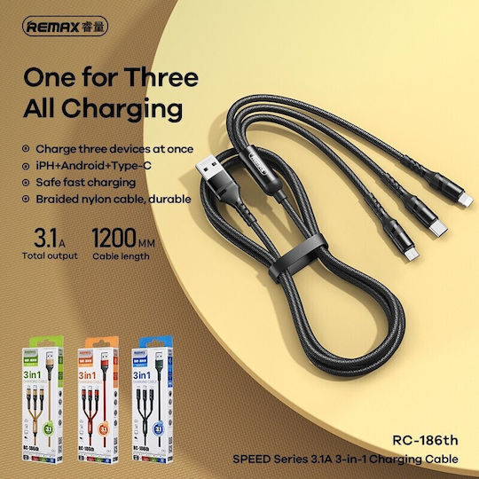 Remax RC-186th Braided USB to Lightning / Type-C / micro USB Cable 3.1A Μαύρο 1.2m