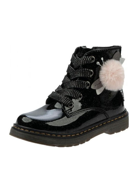 Kinderstiefel aus Lackleder mit Schnürsenkeln Schwarz