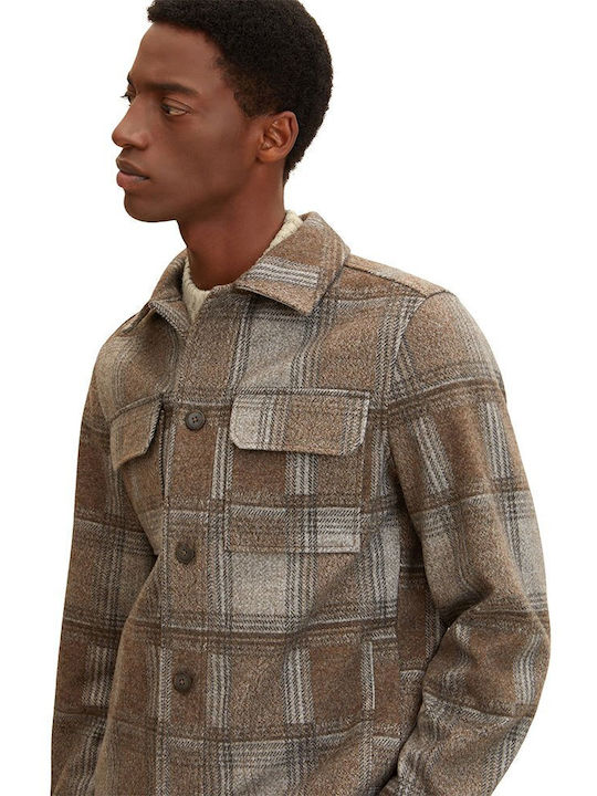 Long Sleeve Overshirt Checked Beige