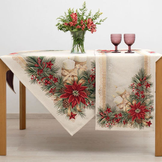 Dimeco Christmas Tablecloth Runner Fabric Ecru-Red L140xW45cm.