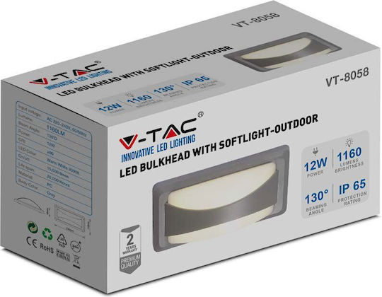 V-TAC Επιτοίχια Εξωτερική Πλαφονιέρα LED IP65 12W με Φυσικό Λευκό Φως 23x11x7.6εκ.