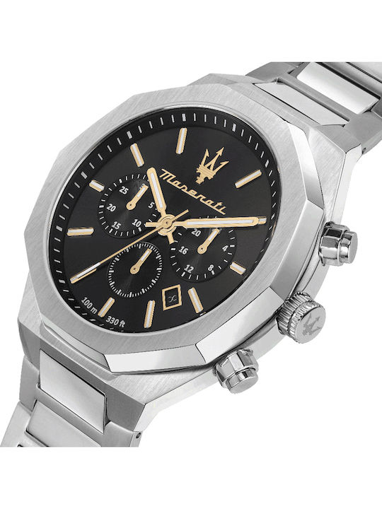 Maserati Stile Ανδρικό Ρολόι 45mm Χρονογράφος Μπαταρίας με Ασημί Μεταλλικό Μπρασελέ