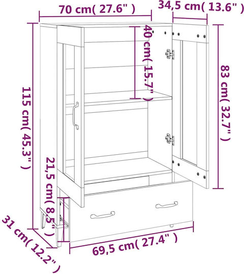 Wall Living Room Display Cabinet made of Particleboard with Glass White 70x31x115cm