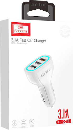 Earldom ES-CC13 Autoladegerät 3.1A Schnellladen mit 3xUSB Anschlüssen inklusive Kabel Typ-C Weißes Farbe