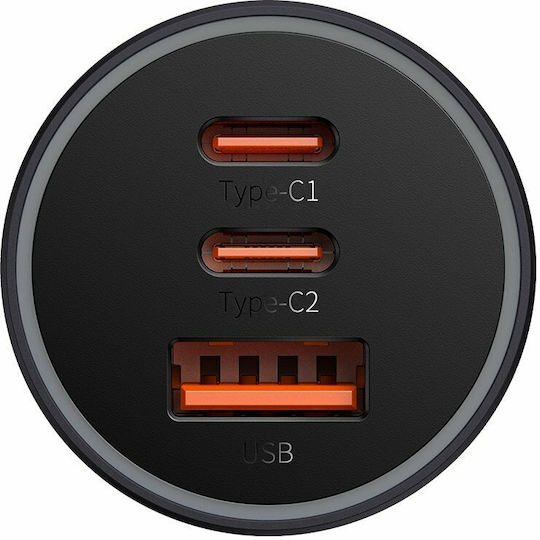Baseus Golden Contactor Pro Car Charger 65W with Ports: 1xUSB 2xType-C Gray Color