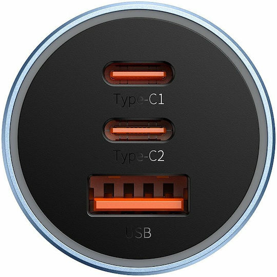 Baseus Golden Contactor Pro Зарядно за кола 65W с Портове: 1xUSB 2xType-C Син Цвят