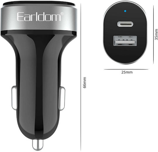 Earldom ES-CC14 Auto-Ladegerät mit Anschlüssen: 1xUSB 1xType-C mit Kabel Typ-C,TC-TC Schwarz Farbe