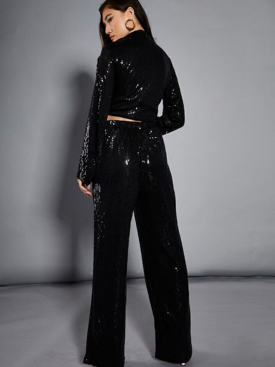 Women's High-waisted Fabric Trousers Flared with Elastic Black with Sequins