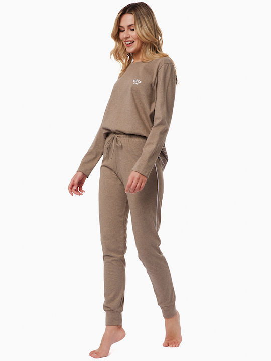 Minerva Winter Damen Pyjama-Set Baumwolle Braun