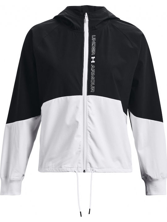 Women's Short Sports Jacket Windproof for Spring or Autumn with Hood Black/white