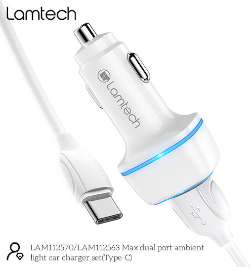 Lamtech Car Charger White Total Intensity 2.4A Fast Charging with Ports: 2xUSB 1xType-C with Cable Type-C